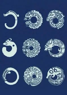 six different types of circular designs on a blue background