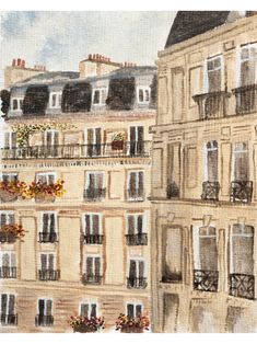 a painting of some buildings with flowers on the windows and balconies in them