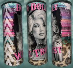 three spray paint cans with marilyn monroe pictures on the lids and sides, all decorated in leopard print