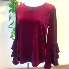 Gorgeous Maroon Velvet Top With Ruffle Layered Sleeves. Nwt. Runs Large Measures 19” Pit To Pit, 23 3/4” Long. Layered Sleeves, Burgundy Velvet, Velvet Top, Velvet Tops, Red Purple, Color Purple, Womens Tops, Velvet, Purple