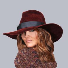 This beautiful ladies fedora is made from velour fur felt, and hand draped over an antique hat block. Hand finished with authentic millinery techniques. Embellished with grosgrain ribbon. This hat has a higher crown, 5 1/4" and wider brim, 4 1/4" Please indicate your head size measurement when ordering (measure your head horizontally just above your eyebrows). When you receive your hat, there will be a small ribbon inside to fine-tune the fit, and a hat box for safe storage. **coat can be found at AyalaOriginals:  https://www.etsy.com/listing/264900571/carpet-bagger-duster-jacket-coat-from?ref=shop_home_active_18 Note: Colors will vary depending on your monitor and there will also be some variations due to dye lots. I personally create each hat one at a time, and no two are ever exactly th Burgundy Curved Brim Hat For Kentucky Derby, Dark Feminine Era, Tall Crown, Custom Made Hats, Feminine Era, Hat Blocks, Antique Hats, Duster Jacket, Antique Brooches