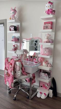 a bedroom with hello kitty furniture and accessories on the shelves, including a desk chair