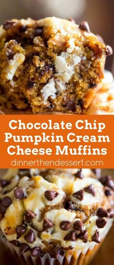 chocolate chip pumpkin cream cheese muffins are stacked on top of each other