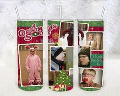 two christmas stockings hanging from the side of a white tree with pictures of people dressed as santa claus