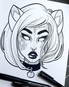 a black and white drawing of a girl with tattoos on her face