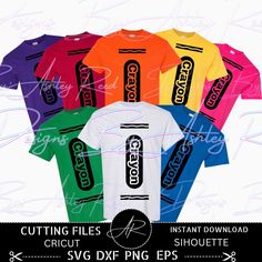 five different colored shirts with the words cutting files on them