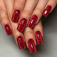 Get ready to screenshot...then book your next appointment. Fall Snake Skin Nails, Reptile Skin Nails, Orange Snake Nails, Red Snakeskin Nails, Red Alligator Nails, Red Snake Skin Nails, Red Croc Print Nails, Reptile Nails Design, Snakeskin Nail Designs