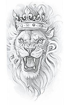 a drawing of a lion with a crown on it's head and its mouth open