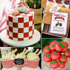 red and white checkered cakes, cupcakes, and desserts are featured in this collage