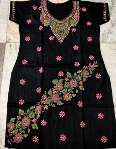 Pure cotton black kurti with hand katha stitch Black Salwar Kameez With Floral Embroidery For Navratri, Black Chanderi Kurta With Floral Embroidery, Casual Black Festive Kurta, Unstitched Black Block Print Traditional Wear, Black Cotton Sets With Printed Motifs, Black Chanderi Kurta With Chikankari Embroidery, Black Chanderi Traditional Wear With Block Print, Black Chikankari Embroidered Kurta For Navratri, Black Chikankari Chanderi Kurta