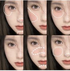 Blush On Temples, Asian Blush Makeup, How To Do This Makeup Look Drawing, Chinese Makeup Tutorial Step By Step, Douyin Tips, Douyin Makeup Tips, Korean Makeup Eyes, Blush Makeup Looks, Makeup Placement Face