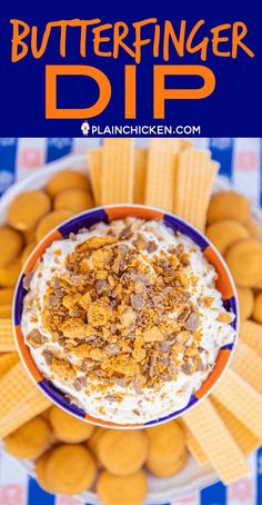 a bowl filled with ice cream next to waffles and crackers on a blue and white checkered tablecloth