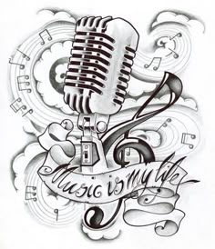 a drawing of a microphone with musical notes around it and the words music is life