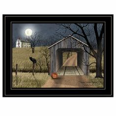 a painting of a covered bridge at night with pumpkins in the foreground and a full moon behind it