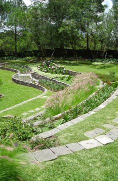 a garden with lots of green grass and flowers on the ground, surrounded by trees