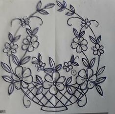 a drawing of flowers in a basket on a piece of white paper with blue thread