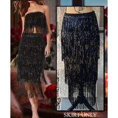 Put On Your Sexy Shoe..Sequin And Fringe Two Fun And Festive Details Combine For A Unforgettable, Party-Ready Look! The Tazzy Skirt Comes In A Mini Length That Hits Just Above The Knee With Sequined Fringe Tassels That Extend Down The Leg. Full Of Movement And Sparkle. Retail: $64 Color: Black Sequin Fringe Design Tiered Mini Length Zipper On Side With Hook & Loop 85% Polyester 15% Spandexs: 24.13” Length, 27.5” Waist, 37.25" Hips Fitted Black Sequin Fabric For Summer, Black Sequin Fabric For Holiday Night Out, Holiday Sequined Club Bottoms, Holiday Sequin Club Bottoms, Holiday Club Bottoms With Sequins, Glamorous Black Party Skirt, Black Sequin Skirt For Club, Black Sequined Skirt For Club, Elegant Sequined Club Bottoms