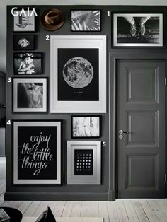 black and white photo collage with pictures on the wall