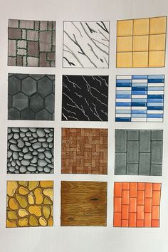 nine different types of tile laid out on a white surface, each with different colors