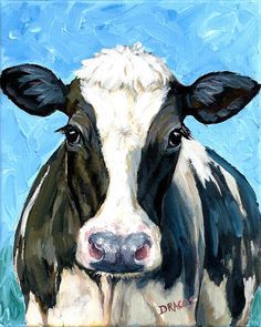 a painting of a black and white cow on a blue background with the word drool in it's ear