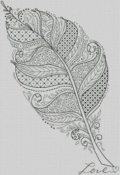 a black and white drawing of a feather with intricate designs on the feathers is shown