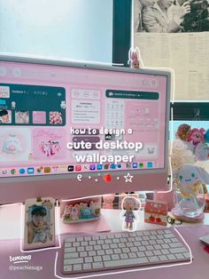 a desktop computer sitting on top of a desk next to a keyboard and monitor with the words how to design a cute desktop wallpaper