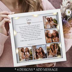 a woman holding up a photo collage with four different photos on it and the caption below reads, 4 designs add message