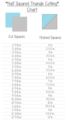 the chart shows how to cut squares in different sizes and colors, including one for each square