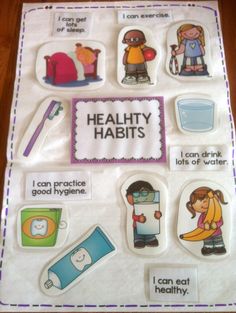 a bulletin board with stickers on it that says, healthy habitts i can not drink water