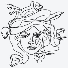 a black and white drawing of a woman's face with birds on her head