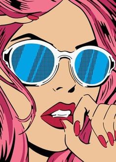 a woman with pink hair and blue sunglasses