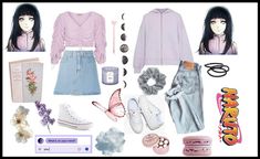 a collage of clothes and accessories including shoes, hair clips, an earring