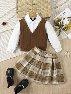 Young Girl 2pcs/Set College Style Collared Long Sleeve 2 In 1 Top And Plaid Pleated A-Line Skirt, Fall Clothes Multicolor Casual  Long Sleeve Knitted Fabric Geometric  Slight Stretch  Young Girls Clothing, size features are:Bust: ,Length: ,Sleeve Length: Pleated Shirt Outfit, Plaid Pleated Skirt Outfit, Winter Mode Outfits, Plaid Pleated Skirt, Rock Outfit, Fashionable Baby Clothes, Flounce Sleeve, Cute Simple Outfits