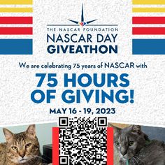 an advertisement for the nascar foundation's 75 hours of giving event with two cats