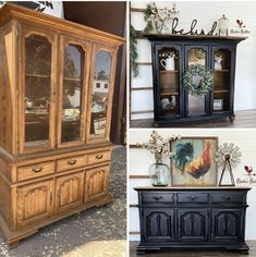 three different pictures of an old china cabinet