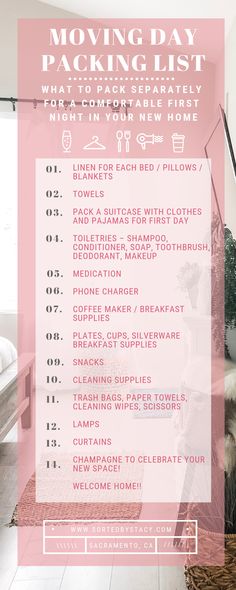 the moving day packing list is shown in pink