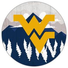 the west virginia mountaineers logo is painted on a wooden background with pine trees and mountains