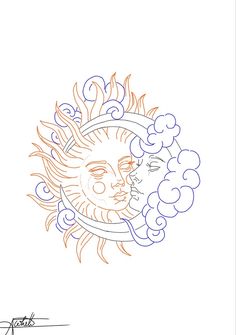 a drawing of two faces with clouds in the sky and sun on top of them