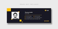 a black and yellow business card with an image of a man's face on it