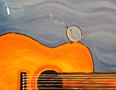 a painting of a bird sitting on top of an orange guitar