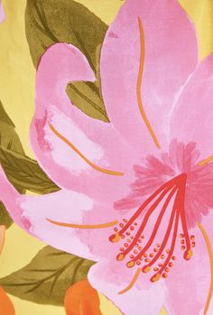 a pink flower on a yellow background with green leaves and orange flowers in the center