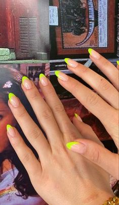 Nails Acrylic Colored Tips, Gel Manicure French Tip Color, Nails With Tips Colored, Hand Different Color Nails, Edgy Colorful Nails, Bright French Tip Nails Almond, Bright Tips Nail, Bright Tip Nails, Bright Summer Acrylic Nails Oval