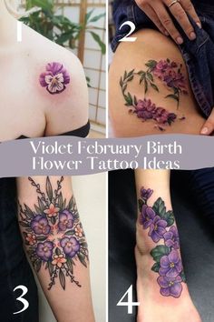 four different tattoos with flowers and leaves on the back of their thighs, one is purple