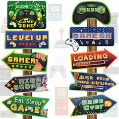 PRICES MAY VARY. Durable Material: The video game welcome signs are made of thick card stock, durable and reusable, their single-sided printing in vibrant colors is not easy to fade, lasting for a long time. Vibrant Colors: The video game directional signs are printed in bright and vibrant colors that are easy to read and notice. Asymmetrical Design: The video game signs are designed in different sizes, adding an asymmetrical beauty to the interior decoration in your house. Game Themed Design: T Playstation Party, Stall Decorations, Gamer Wedding, Video Games Birthday Party, Video Game Party, Video Games Birthday, Game Party, Directional Signs, Game Themes