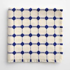 a blue and white checkered blanket with fringes on the edges, against a white background