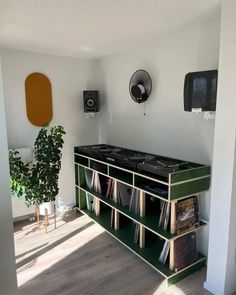 a living room with an entertainment center and bookshelf in the foreground is a potted plant