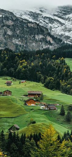 the mountains are covered in snow and green grass, with small houses on each side