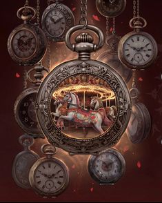 a clock with an image of a carousel on it's face and several clocks around it