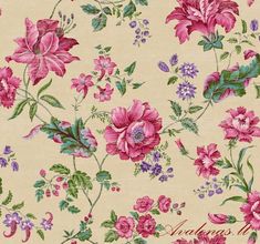 a floral wallpaper with pink flowers and green leaves