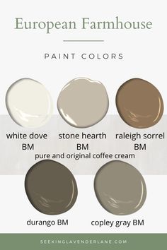 the different shades of paint that are used in european farmhouse house painting colors, including white dove, stone hearth, brim, and bm